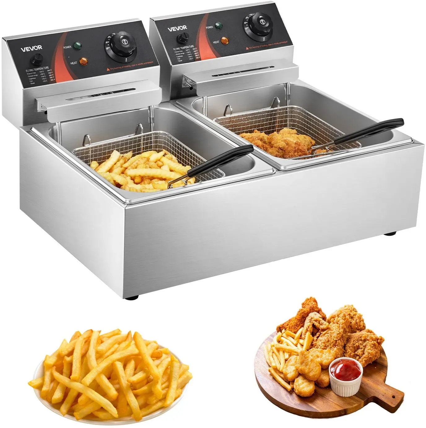 VEVOR Elektrische Doppelfritteuse Edelstahl 12 L 5000 W, Gewerbliche Fritteuse mit Getrennt Steuerbaren Frittierbecken für Restaurants, Cafés, Imbissstuben
