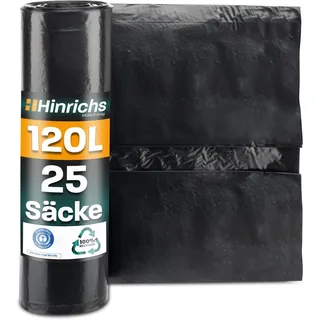 Hinrichs Müllsäcke 120L extra Stark - 25er Rolle - 70x110 cm - Extrem reißfeste Müllbeutel - Mülltüten aus Recycling LDPE - Schwarze Säcke - Abfallsäcke für Garten, Haushalt & Baustelle