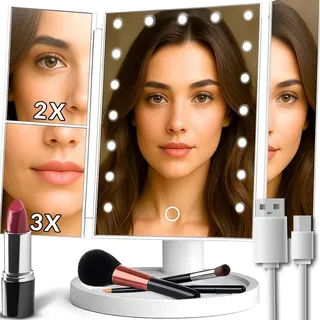 Retoo Kosmetikspiegel mit Beleuchtung LED Faltbar Schminkspiegel Vergrößerungsspiegel 2X/3X Vergrößerung Touchschalter Makeup Spiegel USB oder Batteriebetrieben 180° Drehbar Natürliche Lichter
