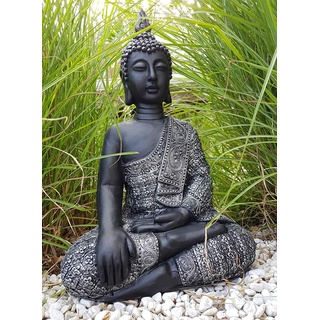 K&L Wall Art Sitzender Buddha Beton Grau Kunststein Feng Shui Deko Figur große Buddhastatue Garten Statue (45cm Höhe Silber schwarz)