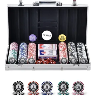 Vevor Kunststoff Pokerchip-Set, 300-teiliges Pokerset, Komplettes Pokerspielset mit Alu-Pokerkoffer, Karten, Knöpfe und Würfel, Komplett Set 7-8 Spieler für Texas Hold'em, Blackjack, Glücksspiel usw.