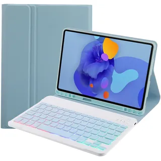 SUEEWE Tastatur Hülle für iPad Air 13" M2 2024 (A2898/A2899/A2900), TPU Rückseite Hülle mit 3 Bereich 7 Farbe Beleuchtete Abnehmbarer QWERTZ Tastatur, Blau