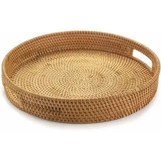 Mumu - Rundes Rattan-Serviertablett, Korbgeflecht-Serviertablett mit ausgeschnittenen Griffen, geflochtener Obst-/Brot-Servierkorb, 30 cm