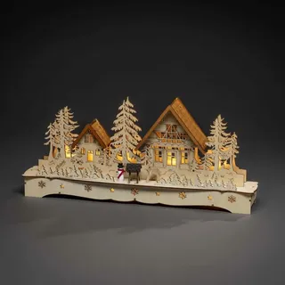 Konstsmide LED Holzsilhouette Dorf mit Schneemann und Rentier 9 LEDs Warmweiß