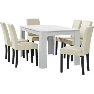 [en.casa] Esstisch weiß matt mit 6 Stühlen creme Kunstleder gepolstert 140x90 Essgruppe Esszimmer - Weiß