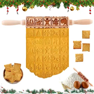 Teigroller, Weihnachten Nudelholz, 3D Spekulatiuswalze aus Holz, Teigroller Weihnachten aus massivem Buchenholz 35 CM, Nudelhölze mit Muster Weihnachten für eine kreative Weihnachtsbäckerei