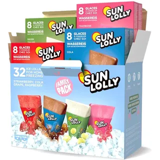 Sun Lolly Wassereis Mixbox mit 4 Sorten | Erdbeere, Cola, Weintraube, Himbeere | Mit Fruchtsaft | Zum Selbsteinfrieren | Ohne künstliche Aromen | Praktisch als Familienbox | 4 x 8 x 60ml