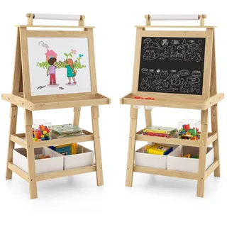 Costway 3 in 1 Kindertafel doppelseitig Whiteboard & Kreidetafel & Zeichenpapier, Kinder Staffelei inkl. Magneten 2 Aufbewahrungsboxen, 2 Regalebenen Holztafel (Natur)