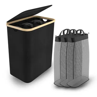 UISEBRT Wäschekorb mit Deckel, Wäschesammler 3 Fächer, 140L Wäschesack Schmal Faltbare Wäschekörbe, Extra großer Wäschesammler aus Bambus, Wäschetonne Wäschetruhe mit Deckel Laundry Baskets (Schwarz)
