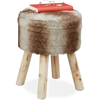 Relaxdays Fellhocker, Deko Hocker Sitzhocker mit Holzbeinen, rund, rustikal, H x D: 42 x 33 cm, grau/braun,