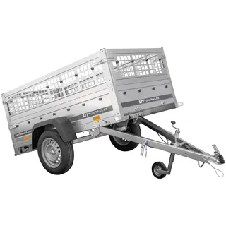 UNITRAILER Anhänger Garden Trailer 200 Kipp, Auto Anhänger 750 kg mi, Anhänger Gitteraufsatz, Kippbarer Deichsel und Stahlstützrad, Ladeflächenabmessungen 200x106 cm