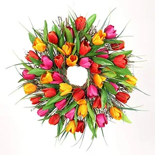 YIWOYI Türkranz Frühling, 40cm Türkranz Ganzjährig Modern Kranz Dekokranz Kunstblume Girlande Türdeko Künstliche Dekoration Tulpe Kranz Dekoration (B)