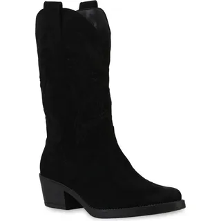 VAN HILL Damen Cowboystiefel Stiefel Stickereien Schuhe 840336, Farbe: Schwarz Velours, Größe: 36 - Schwarz