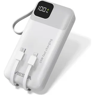 Viesta Powerbank 20.000 mAh USB-C – 22,5 W Fast Charging, PD20 W, Integrierte Type-C & Micro-USB Kabel, Digitalanzeige & LED-Taschenlampe – Portable Battery Bank
