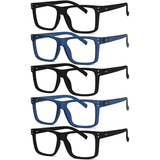 Eyekepper 5-Pack Oversized Lesebrillen mit großem quadratischem Rahmen für Damen und Herren - 3x Schwarz + 2x Blau +1,00 - +1.00