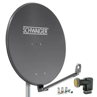 Schwaiger Satellitenschüssel Komplettset - Ø 88 cm Aluminium Offset Antenne in Anthrazit - Inkl. Quad LNB 4-Fach - Digital HD & 4K Empfang - Integrierte Kabelführung & wetterfest