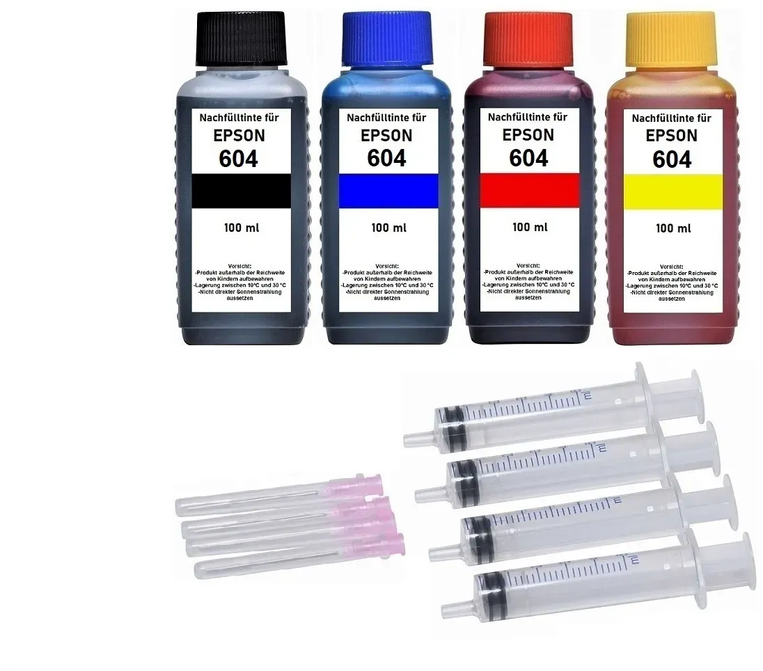 Nachfüllset für Epson 604, 604XL Druckerpatronen - 4 x 100 ml Druckertinte + Zubehör