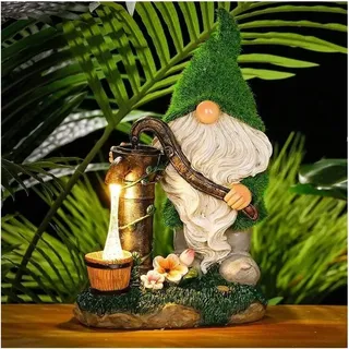 Beflockte Gartenzwerg-Dekorationen, 19 cm große, lustige GNOME-Gartenstatue für den Außenbereich mit Solarleuchten, wasserfeste Zwergfiguren aus