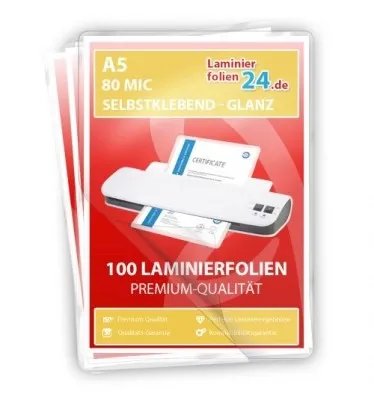 selbstklebende Laminierfolien A5, 2 x 80 Mic, glänzend