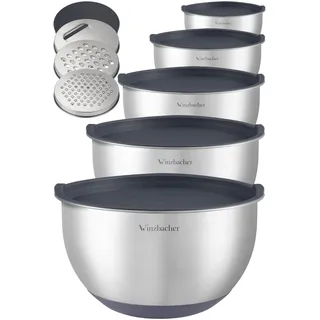Winzbacher Edelstahl Schüssel mit Deckel [5er Set] 1l + 1.5l + 2.5l + 3.5l + 4.5l | Rührschüssel, Salatschüssel, Schüsselset, | rutschfest | stapelbar | Spülmaschinenfest | inkl. Reibe