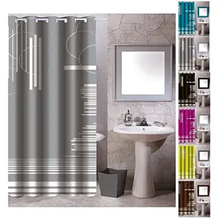 MSV Anti-Schimmel Textil Duschvorhang - Anti-Bakteriell mit 12 Duschvorhangringen - Polyester, „Graphics“ Grau, 180x200cm