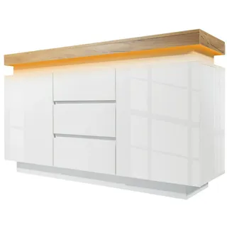 autolock Sideboard Hochglanz Kommode mit appgesteuerter LED-Beleuchtung 140x 39 x81 cm (2 Türen und 3 Schubladen), Multifunktionales Sideboard Anrichte für Wohnzimmer & Schlafzimmer weiß