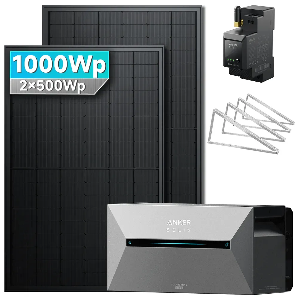 Anker SOLIX Solarbank 2 E1600 Pro Balkonkraftwerk Speicher mit 500Wp Solarmodul Set - 1000Wp ‚Äì 2 Module / Ohne Erweiterungsakku / Flachdach/Garten/Wand