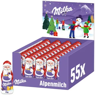 Milka Weihnachtsmann Alpenmilch Thekendisplay 55 x 15g I Mini Schoko Weihnachtsmann Großpackung I Weihnachtsschokolade aus 100% Alpenmilch