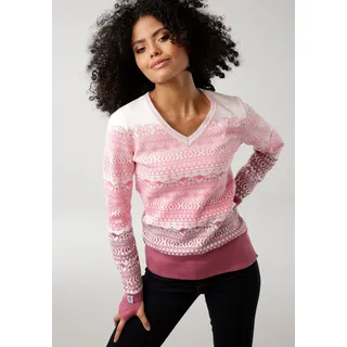 Jacquardpullover KANGAROOS, Damen, Gr. 36/38 (S), bunt (rosa, beere), Feinstrick, Obermaterial: 50% Baumwolle, 50% Polyacryl, Norwegermuster, casual, figurbetont hüftlang, V-Ausschnitt, Langarm Rippbündchen mit Daumenlöchern, Pullover V-Pullover Pullover Norwegerpullover Rundhalspullover Strickpullover Weihnachtspullover, im Norweger-Muster mit kleinen Kängurus