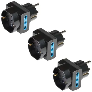POLY POOL - PP2351.13 Multistandard-Adapter mit Schukostecker, Set mit 3 Adaptern mit Stecker 16A und Buchsen italienisch und deutsch 10A - 16A, Set mit 3 Adaptern, Schwarz