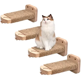 SIYUNTECH® Katzentreppe Wand(4pcs), Kletterwand Katzen, mit Einlage-Handwerkskunst, aus 2cm Massives Gummiholz, für Katze Klettern Spielen, Maximale Tragfähigkeit 35kg