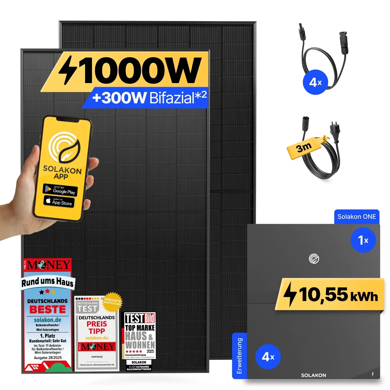 onBasic: 1000 Watt Balkonkraftwerk - ohne Halterung / 10.55 kWh / 3m