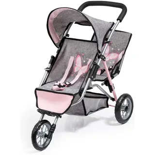 Bayer Design 39133AA Puppenwagen Tandem Duo, Zwillingspuppenwagen, mit 3 Rädern, zweifarbiges Gestell, Sonnendach, Sicherheitsgurt, Jeans-Optik grau, rosa, Schmetterlingsmotiv