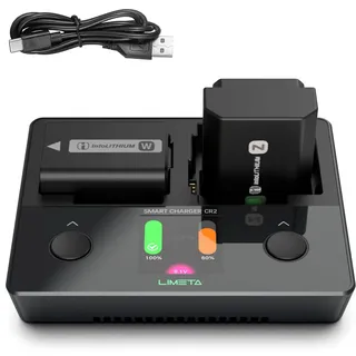 LIMETA CR2 NP-FZ100/NP-FW50/NP-BX1 Ladegerät Dual Kanal für Sony Alpha 6700/A7III/A7IV/FX30/ZV-E1 Kamera Akkus LCD-Anzeige Type-C-Eingang Mehrere Batterietypen Gleichzeitig Ladbar
