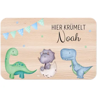 wunderwunsch - Individuelles Holzbrett mit Hochwertigem UV-Druck für Kinder - Personalisiertes Frühstücksbrettchen - Niedliche Motiv-Brettchen mit Namen und Tieren (Dinos unten Girlande)