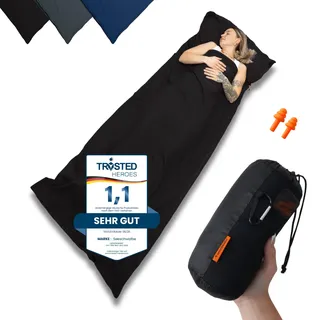 SEESCHWALBE Hüttenschlafsack Baumwolle - Hüttenschlafsack Ultraleicht - Schlafsack Kleines Packmaß Inlett mit Kissenfach - Kompakt & Klein (Schwarz)