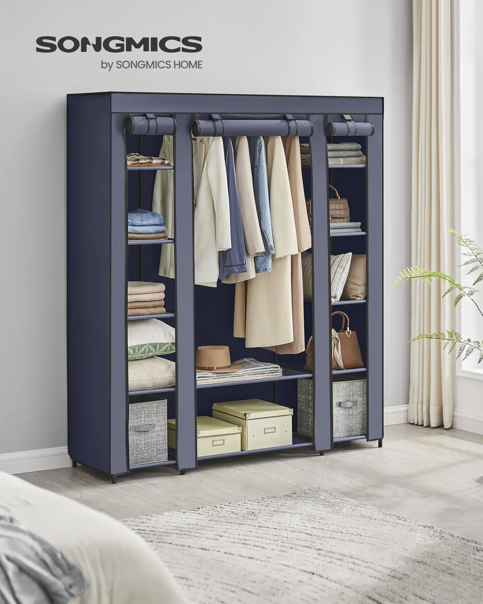 SONGMICS Kleiderschrank, Stoffschrank, 12 mit Kleiderstange und Ablagen, Stabiler Schrank, für Schlafzimmer, Ankleidezimmer