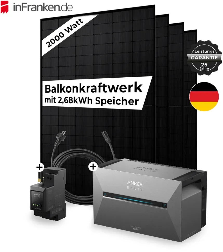 Sicatron 2000 Watt Balkonkraftwerk - 4x 500W bifazial - Anker Solix 3 E 2700 Pro InFranken Deal - Mit Smart Meter +49€