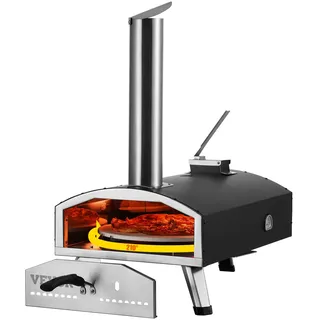 Vevor Tragbarer Outdoor-Ofen, 12-Zoll-Pizzaofen, Pellets & Chips & Holzkohle Tri-Fuel, Pizzagrill mit Eisenspray, Inkl. 210° drehbarem Pizzastein, Schaufel, Ideal für Camping & Garten, Schwarz