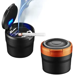 Geoyien Auto Aschenbecher, 2 Stück Aschenbecher mit deckel, Abnehmbarer Autoaschenbecher mit LED-Licht mit Klappdeckel, selbstverlöschender Aschenbecher für Autos Van Outdoor Camping (Orange/Schwarz)