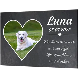 Personalisierte Grabplatte Haustier aus Alu-Verbund – Foto in Herz/Kreis/Rechteck, Name • Datum • Spruch – wetterfest & UV-beständig – Größen DIN A6 bis DIN A2 – Grabschmuck für Hund/Katze