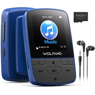 WOLFANG 64 GB MP3-Player mit Bluetooth 5.3, Sportclip, Mini-Größe, Gewicht 28,3 g, HiFi-Lautsprecher, FM-Radio, Diktiergerät, Kopfhörer im Lieferumfang enthalten