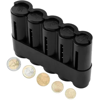 Münzbox mit 5 Fächern, Münzspender in Schwarz, Kleingeld Sortierer für 2€, 1€, 50 Cent, 20 Cent und 10 Cent, Robustes Kunststoffdesign