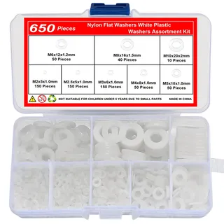 Kunststoff Unterlegscheiben 650 Stück Weiß Nylon Distanzscheiben Flache Abstandsscheiben in 8 Größen Unterlegscheiben Set- M2/M2.5/M3/M4/M5/M6/M8/M10 Ideal für Elektrik Heimwerker