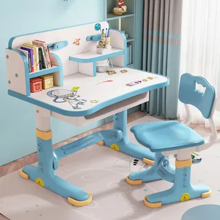 Kinderschreibtisch und Stuhl-Set, höhenverstellbar, Schüler-Schreibtisch und Stuhl, Kinderschule, Studiertisch mit Schubladenablagen, Bücherregal, Studienstuhl und Schreibtisch für Kinder, Jungen und