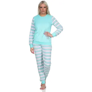 normann Geringelter Damen Frottee Schlafanzug Langarm Pyjama mit Eiskristall, Farbe:Mint, Größe:36-38 - 36-38