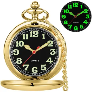 Tiong Silber/Schwarz/Bronze, transparente Abdeckung, Quarz-Taschenuhr, leuchtendes Zifferblatt, Edelstahl, Taschenuhr, Geschenk für Herren, mit Kette, 65 Gold, Klassisch