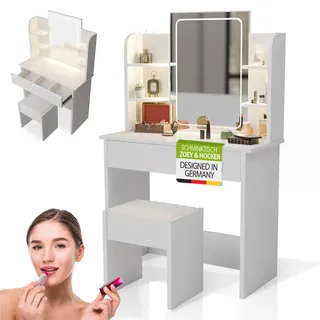 Juskys Schminktisch Zoey & Hocker Melly, Touch-LED-Spiegel & Stauraum, moderne Optik – Weiß