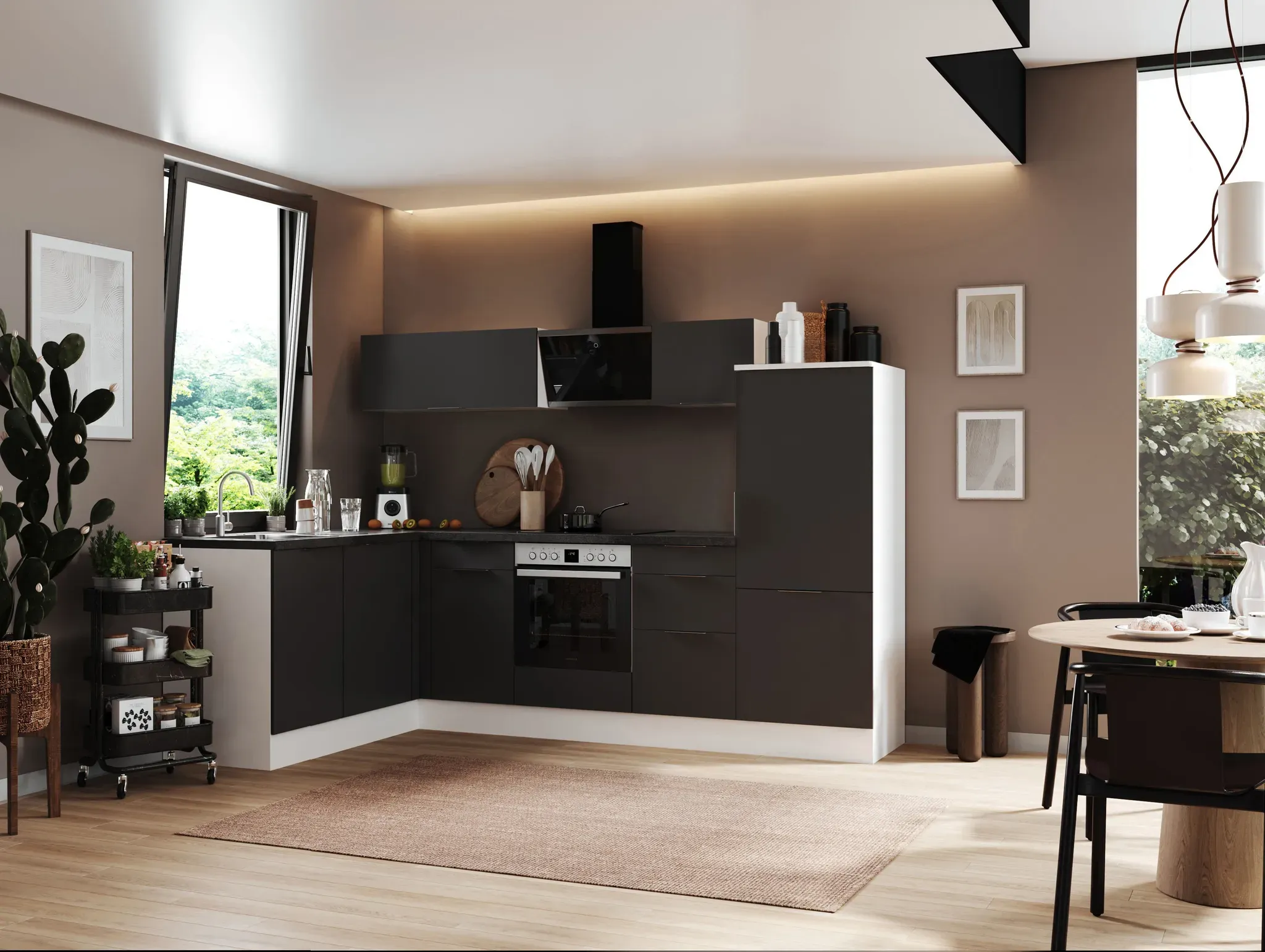 Küche vormontierte L - Küche 280 x 175 cm wechselseitig aufbaubar incl. Geräte R...