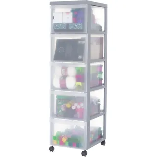 Iris Ohyama Kunststoff-Schubladenbox mit Rollen, 5 tiefen Schubladen, Grau, Griffe zum Ziehen, Für Schlafzimmer, Bad, Schule & Büro, BPA-frei, Schubladenschrank, Rollcontainer, A4 Drawer, DC-305